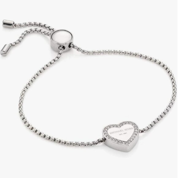 MICHAEL KORS HERITAGE PAVE LOGO HEART SLIDE BRACELET SILVER PLATED MKJX5390040 - Picture 1 of 10